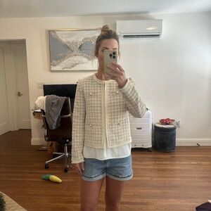 White/Tan Tweed Blazer with Pearl Detail - Size XS